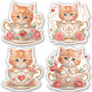 Elegant Kitten i Tekopp Stickers - Blommigt Design Klistermärken