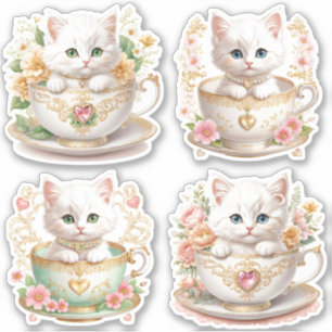 Elegant Kitten i tekoppdekaler - Blommig design Klistermärken
