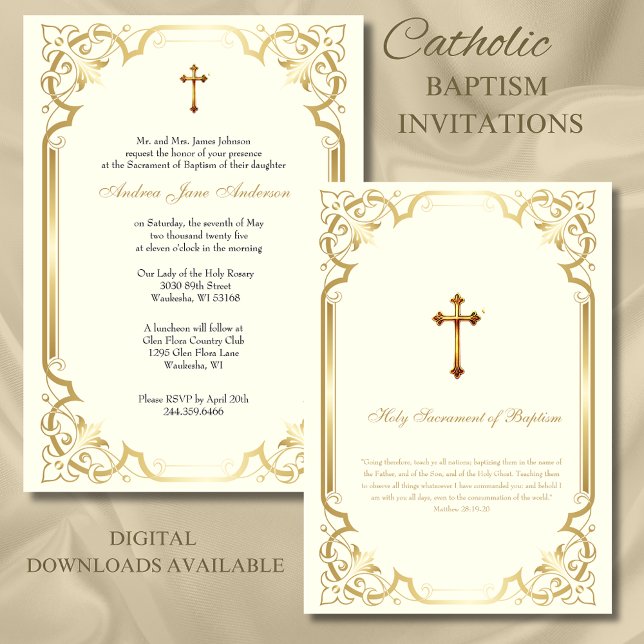 Elegant Kkatolske Guld Baptism Christening Inbjudningar (Skapare uppladdad)