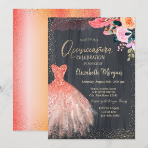 Elegant klänning, blommor fjäder Quinceanera Inbjudningar