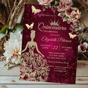 Elegant klänning, fjäril blommande röd Quinceañera Inbjudningar