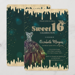 Elegant klänning, glitterdroppar grön Sweet 16 Inbjudningar