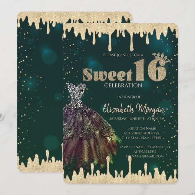 Elegant klänning, glitterdroppar grön Sweet 16  Inbjudningar (Fram/baksida)
