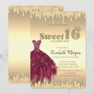 Elegant klänning, glitterdroppar guld Sweet 16 Inbjudningar