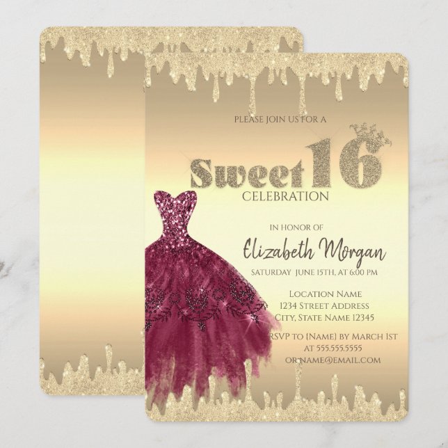 Elegant klänning, glitterdroppar guld Sweet 16 Inbjudningar (Fram/baksida)