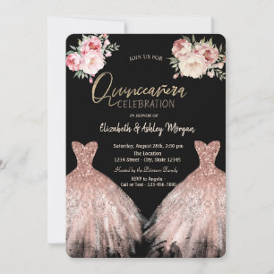 Elegant klänning i blomstil svart Quinceanera Inbjudningar