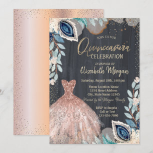 Elegant klänning, konfettifjäder Quinceañera-fest Inbjudningar