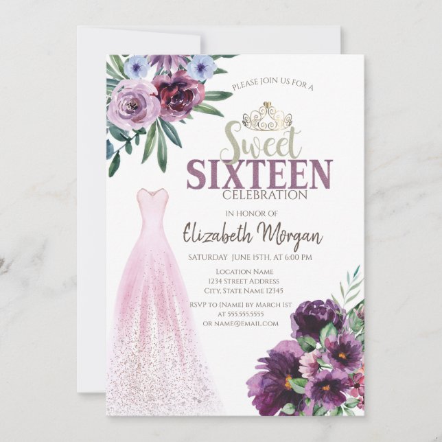 Elegant klänning,Lila blommor Sweet 16 Inbjudningar (Framsida)