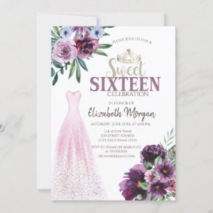 Elegant klänning,Lila blommor Sweet 16 Inbjudningar