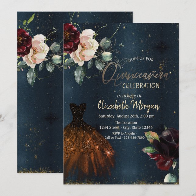 Elegant klänning, rosor Mörkblå Quinceañera   Inbjudningar (Fram/baksida)