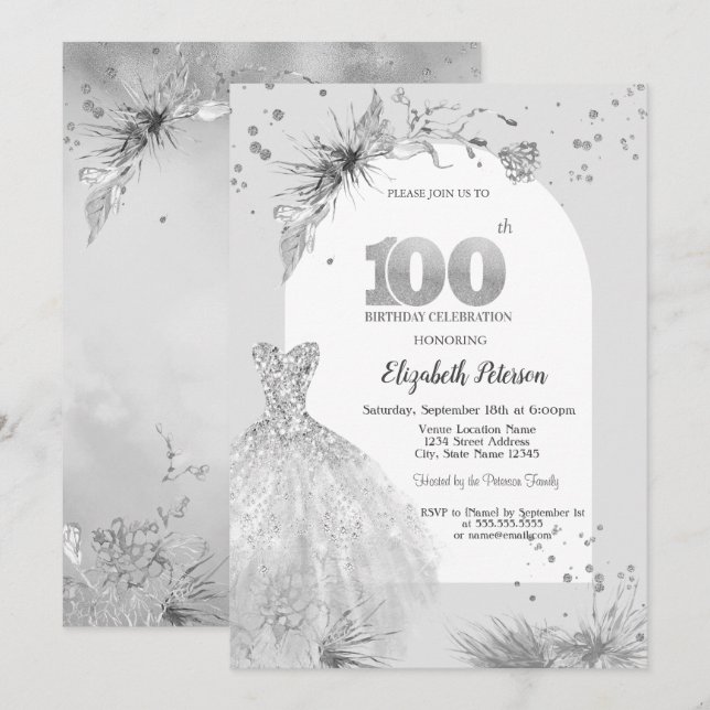 Elegant klänning vinter grå 100-årsdag inbjudningar (Fram/baksida)