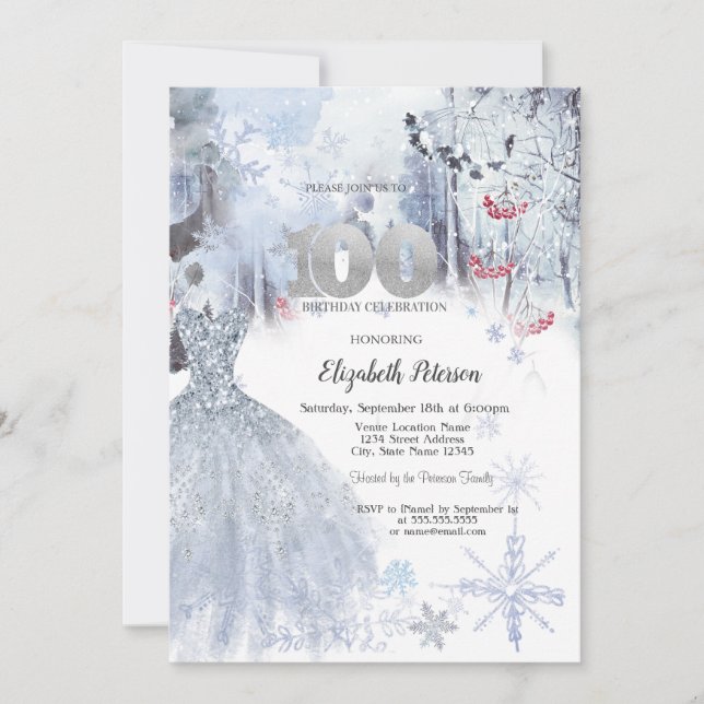 Elegant klänning vinter landskapsbild 100-årsdag  inbjudningar (Framsida)