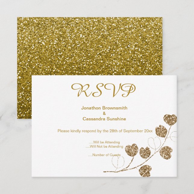 ELEGANT KLASISK GULD EUKALYPTUS GLITTER RSVP INBJUDNINGAR (Fram/baksida)
