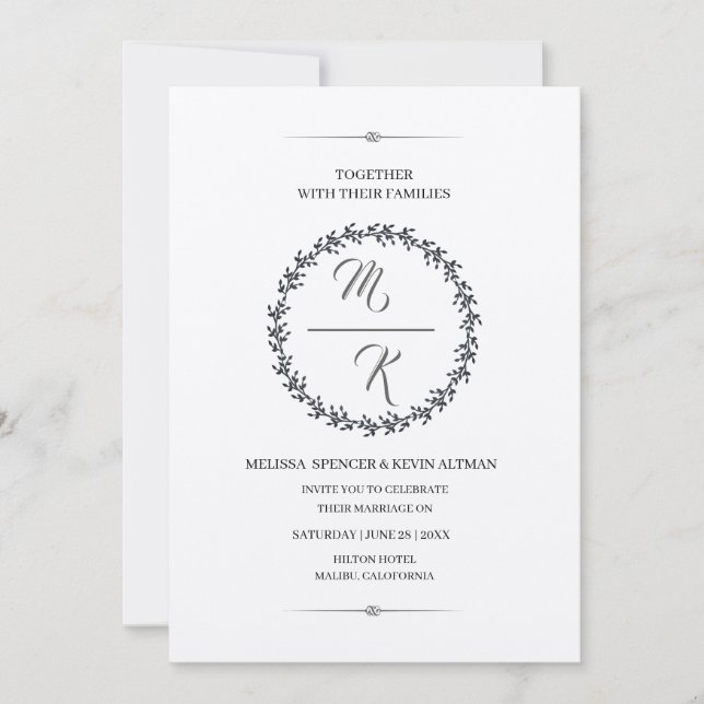 Elegant, klassisch Monogramm Kranz Einladung Inbjudningar (Framsida)