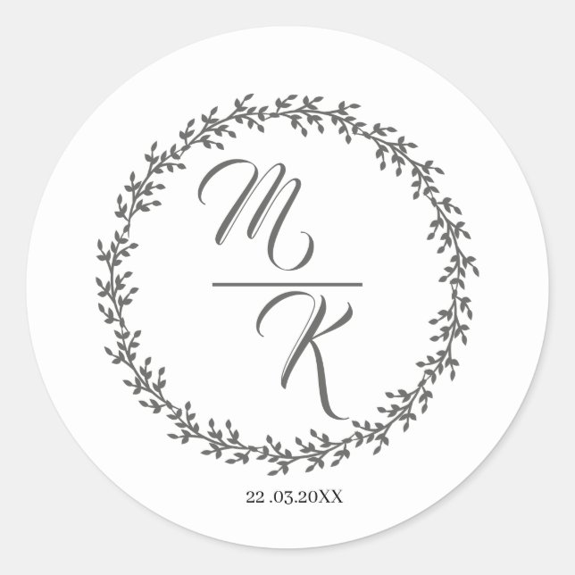 Elegant, klassisch Monogramm Kranz Runt Klistermärke (Framsida)