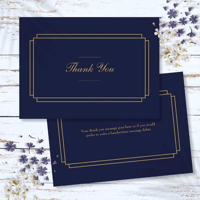 Elegant klassisk Art Deco marinblå och guld Tack Kort (Elegant Classic Art Deco Navy Blue and Gold Thank You Card)