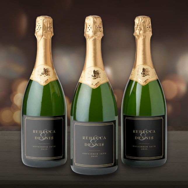 Elegant klassisk Art Deco svart och guld bröllop (Elegant Classic Art Deco Black And Gold Wedding Sparkling Wine Label)