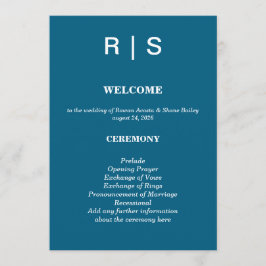 Elegant klassisk blå monogram bröllopsprogramkort program
