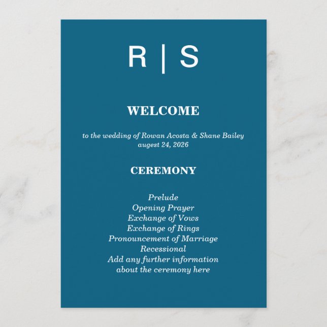 Elegant klassisk blå monogram bröllopsprogramkort program (Framsida)