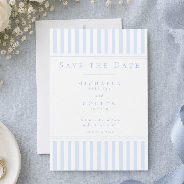 Elegant Klassisk Blå Rand Bröllop Spara Datumet (Elegant Classic Blue Stripe Wedding Save The Date)