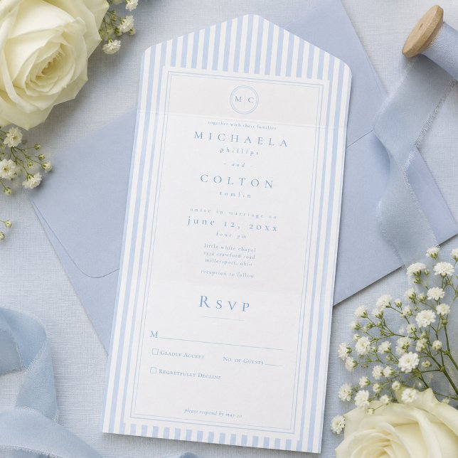 Elegant klassisk blå randig monogram bröllop (Skapare uppladdad)