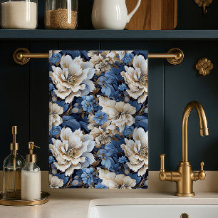 Elegant klassisk blå vit elfenbensfärgad blommig k kökshandduk