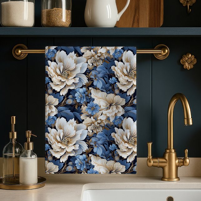 Elegant klassisk blå vit elfenbensfärgad blommig k kökshandduk (Classic Blue White Ivory Floral Kitchen Towel Cloth)