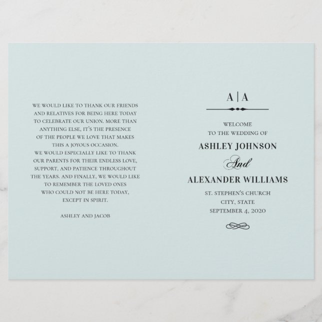 Elegant klassisk bröllop. Blått program har vikts (Framsida)