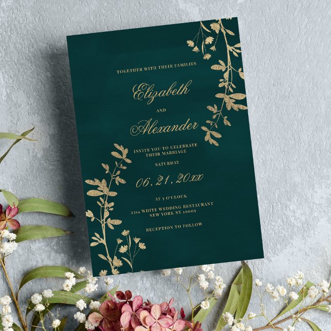 Elegant klassisk bröllop vid mörk grönt guld blomm inbjudningar (Elegant classic dark green gold floral wedding )