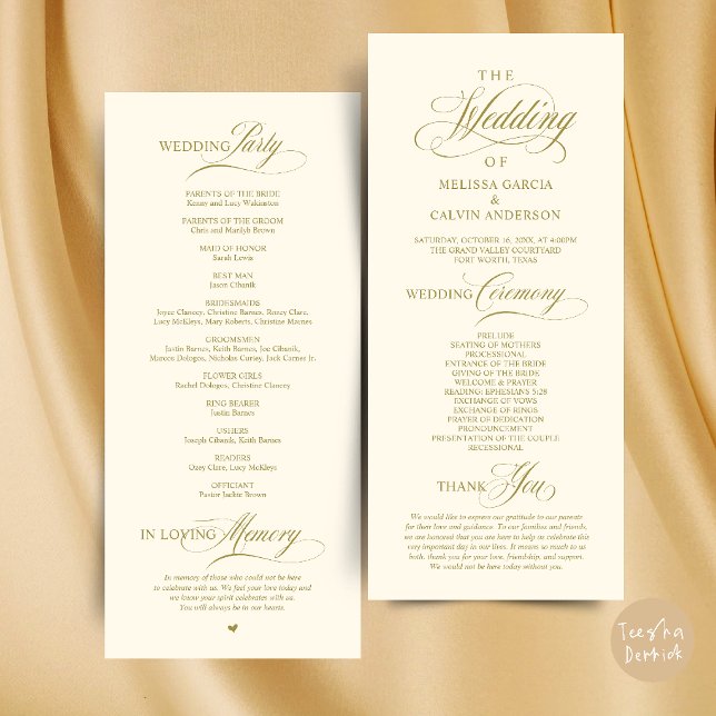 Elegant Klassisk Bröllopsceremoni Ordning Program (Elegant Classy Wedding Ceremony Order Program Card in Gold and Cream)