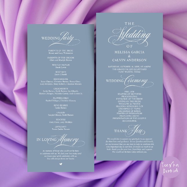 Elegant Klassisk Bröllopsceremoniordning Program (Elegant Classy Wedding Ceremony Order Program Card in Dusty Blue)