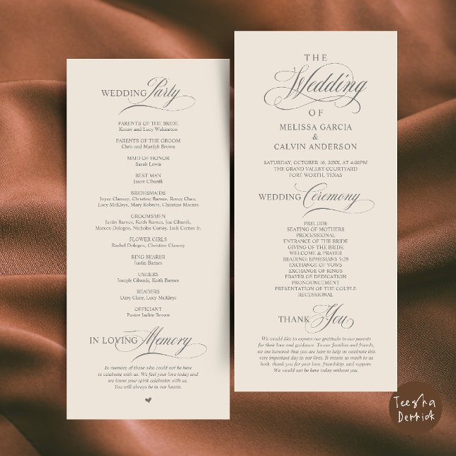 Elegant Klassisk Bröllopsceremoniordning Program (Elegant Classy Wedding Ceremony Order Program Card in Cream and Grey)