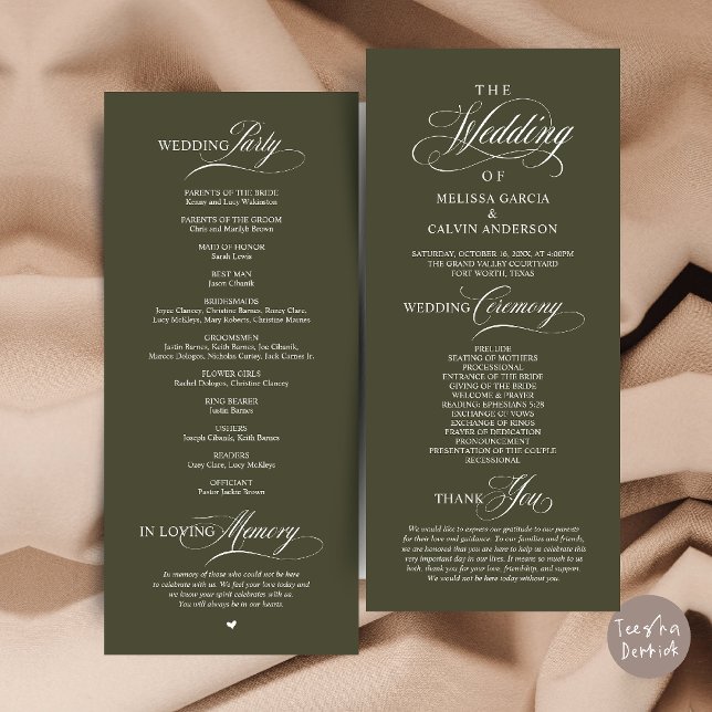 Elegant Klassisk Bröllopsceremoniordning Program (Elegant Classy Wedding Ceremony Order Program Card in Olive Green)