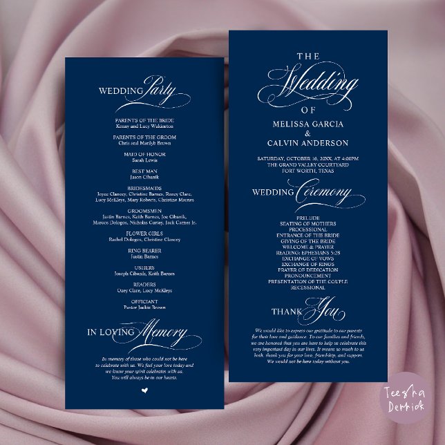 Elegant Klassisk Bröllopsceremoniordning Program (Elegant Classy Wedding Ceremony Order Program Card in Navy Blue)
