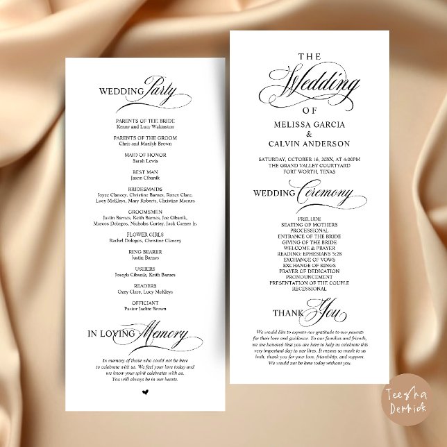 Elegant Klassisk Bröllopsceremoniordning Program (Elegant Classy Wedding Ceremony Order Program Card in Black and White)