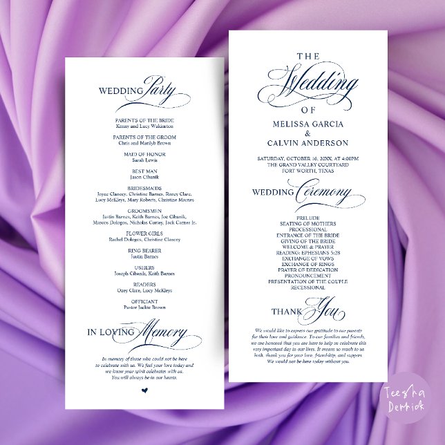 Elegant Klassisk Bröllopsceremoniordning Program (Elegant Classy Wedding Ceremony Order Program Card in Navy Blue)