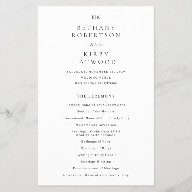 Elegant klassisk budgetbröllopsprogram flygblad (Framsidan)