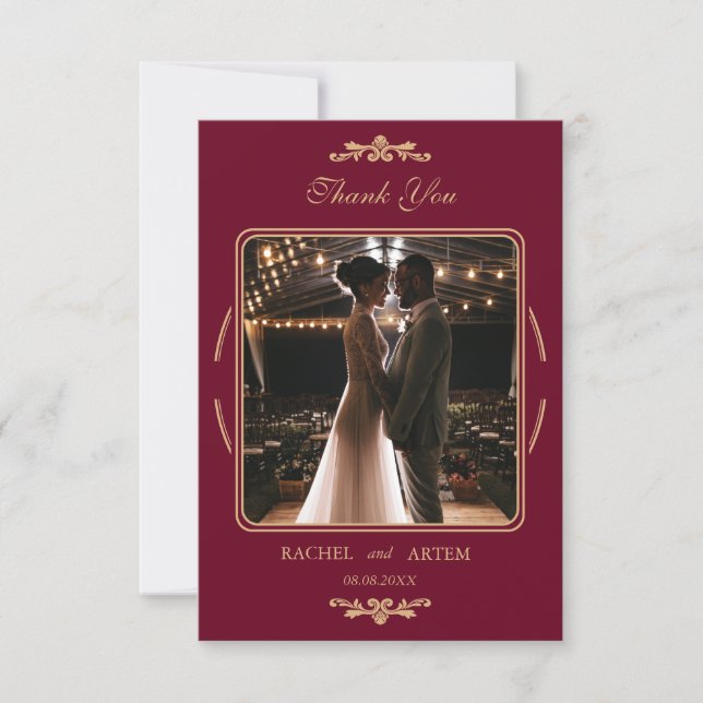 Elegant Klassisk Burgundy Foto Bröllop  Tack Kort (Framsida)