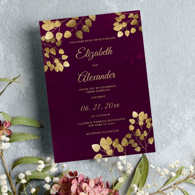 Elegant klassisk burgundy guld eucalyptus bröllop inbjudningar (Elegant classic burgundy gold eucalyptus wedding)