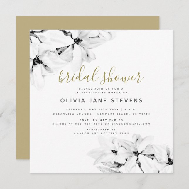 Elegant Klassisk Chic Blommig Magnolior Bröllopsfe Inbjudningar (Fram/baksida)