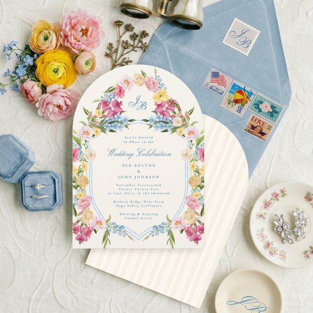 Elegant klassisk dammig blå blombröllop inbjudningar (Skapare uppladdad)
