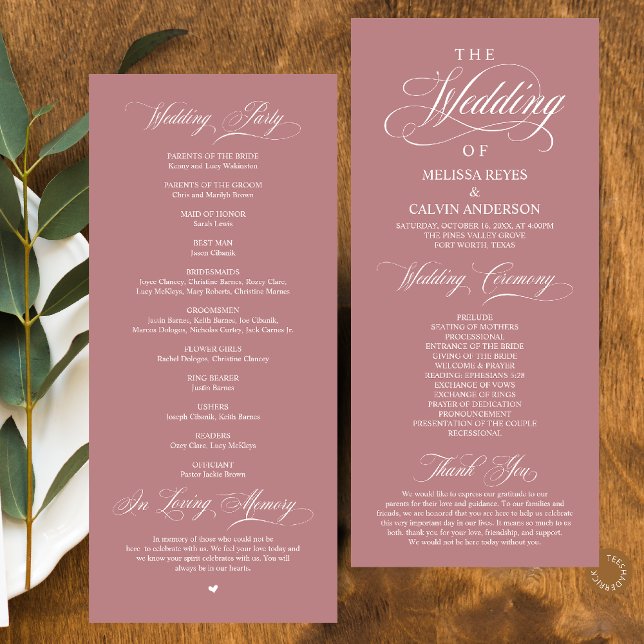 Elegant Klassisk Dammig Rosafärgad Skrift Bröllop Program (Elegant Classy Dusty Rose Pink Script Wedding Program Card)