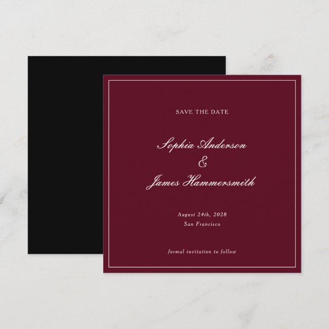 Elegant Klassisk Formell Burgunderröd Script Bröll Spara Datumet (Fram/baksida)