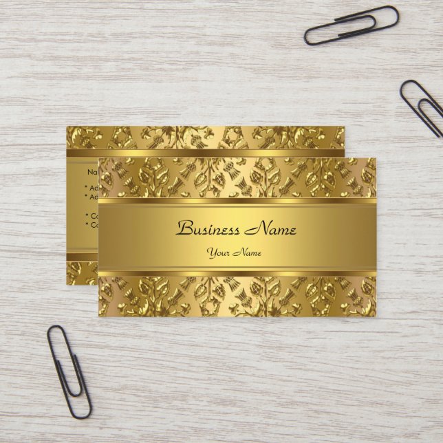 Elegant Klassisk Guld Damask Präglad Utseende Visitkort (Fram/Back In Situ)