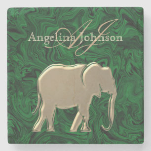 Elegant Klassisk Guld Elefant Grön Marmor Monogram Stenunderlägg