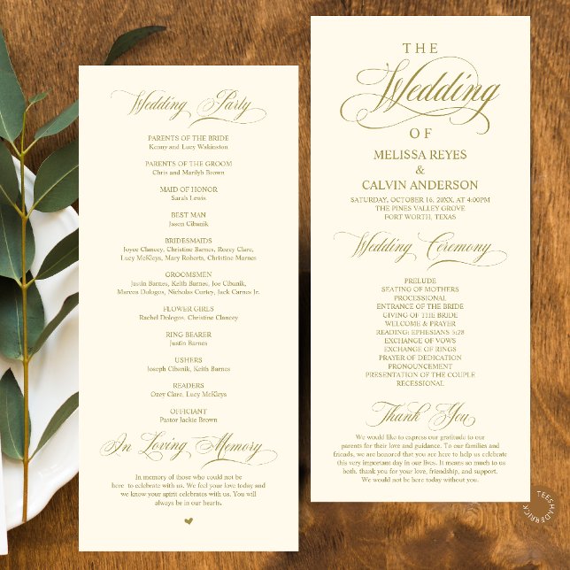 Elegant Klassisk Guld Gul Kräm Skrift Bröllop Program (Elegant Classy Gold Yellow Cream Script Wedding Program Card)