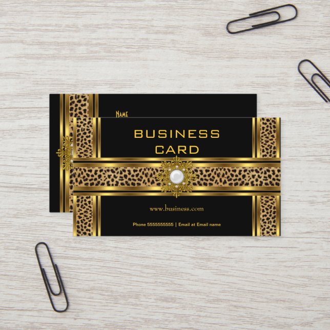 Elegant Klassisk Guld Svart Leopard Med Juvel Visitkort (Fram/Back In Situ)