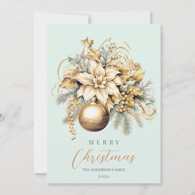 Elegant klassisk guldmynta lyxig julbukett julkort (Framsida)