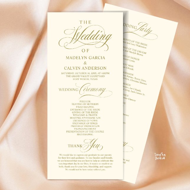 Elegant Klassisk Guldskrift Bröllopsceremoni Ordni Program (Elegant Classy Gold Script Wedding Ceremony Order Program Card in Gold Yellow Cream)
