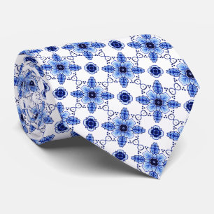 Elegant Klassisk Holländsk Delft Blå Blommig Konst Slips